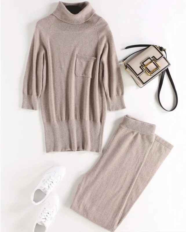 

New fashion Women's High Collar pullover Sweater + Mink Cashmere Trousers Two-piece set Woolen and Cashmere Knitted warm Suit