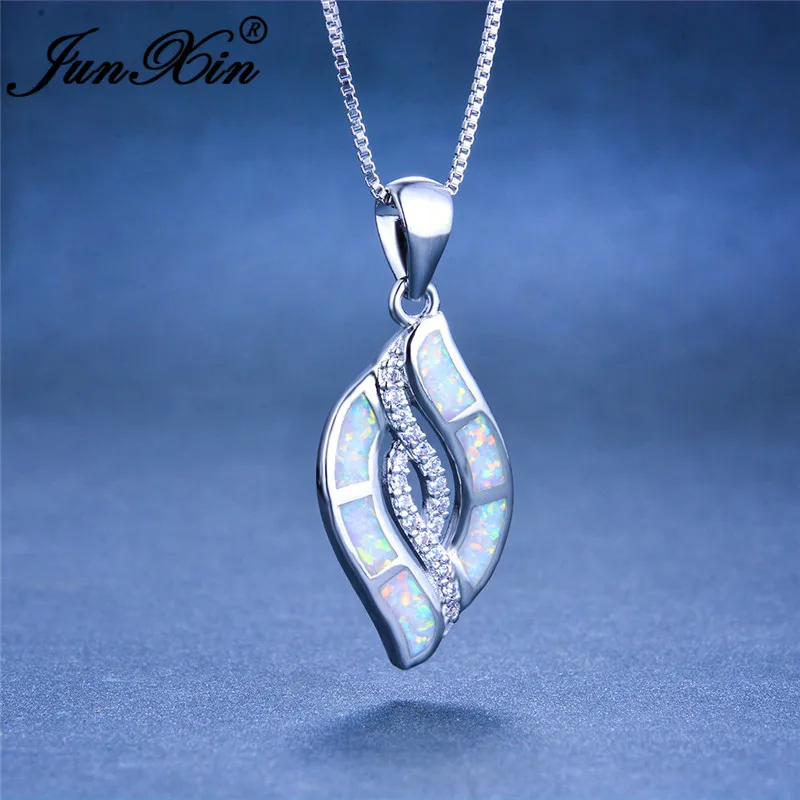 JUNXIN Plant Tree Leaf Pendant Blue White Fire Opal Necklaces For Women Silver Color Zircon Infinity Necklace Wedding Gifts | Украшения и