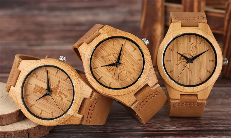 Кран/кошки/собаки деревянные часы для женщин и мужчин 2017 бамбуковые Кварцевые
