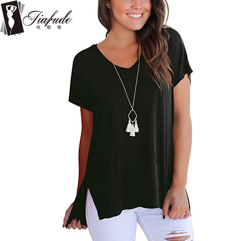 Women's T-shirt round neck solid color cotton fashion street casual large size loose short-sleeved split polyester woman | Женская