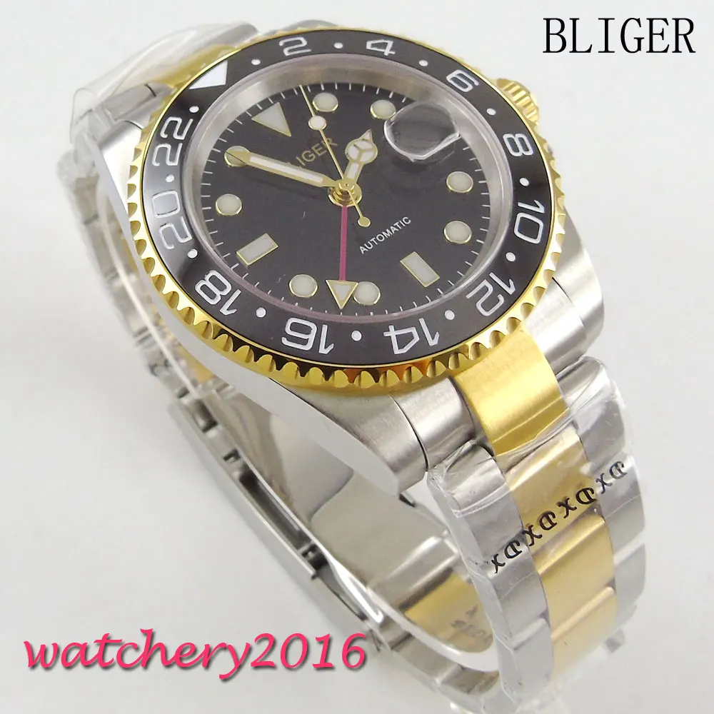 NEW 40mm Bliger Sapphire glass black dial Deployment Bracelet Date GMT Automatic self wind Movement Men's Mechanical Wristwatch |