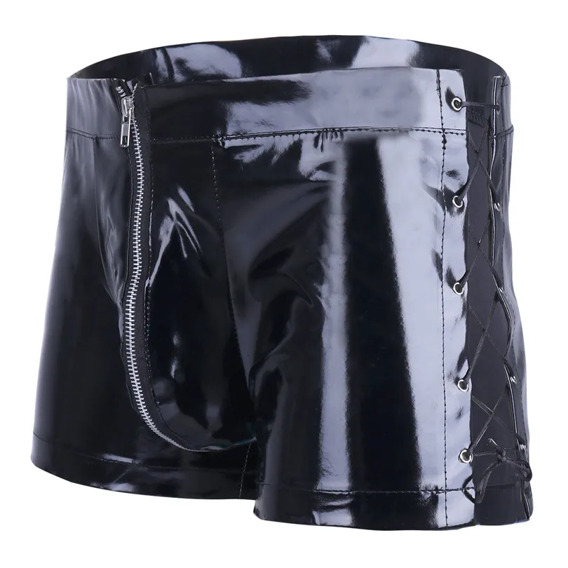 Men PVC Leather Boxer Underwear High Quality Wet Look Zipper Front Lace Up Underpants Leather Latex Boxer Shorts Underwear M-XXL