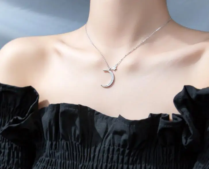 Authentic 100% REAL. 925 Sterling Silver FINE Jewelry white cz zirconia set Big Crescent Moon Star Necklace pendant giftGTLx1685 | Украшения