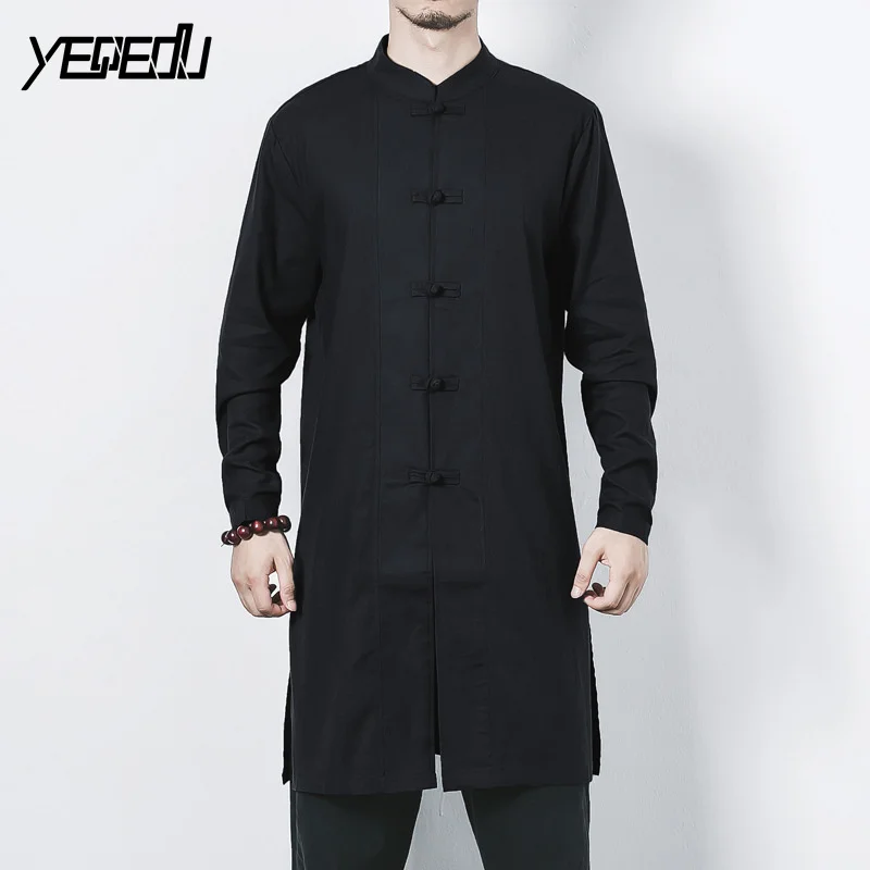 #2701 2018 White/Black Linen shirts men Fashion Extended Stand collar Single breasted Plate buckle Man high quality M-5XL | Мужская