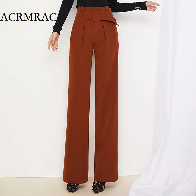 ACRMRAC Women spring Original Solid color High waist Flower bud waist Loose Long pants Wide leg pants Casual pants