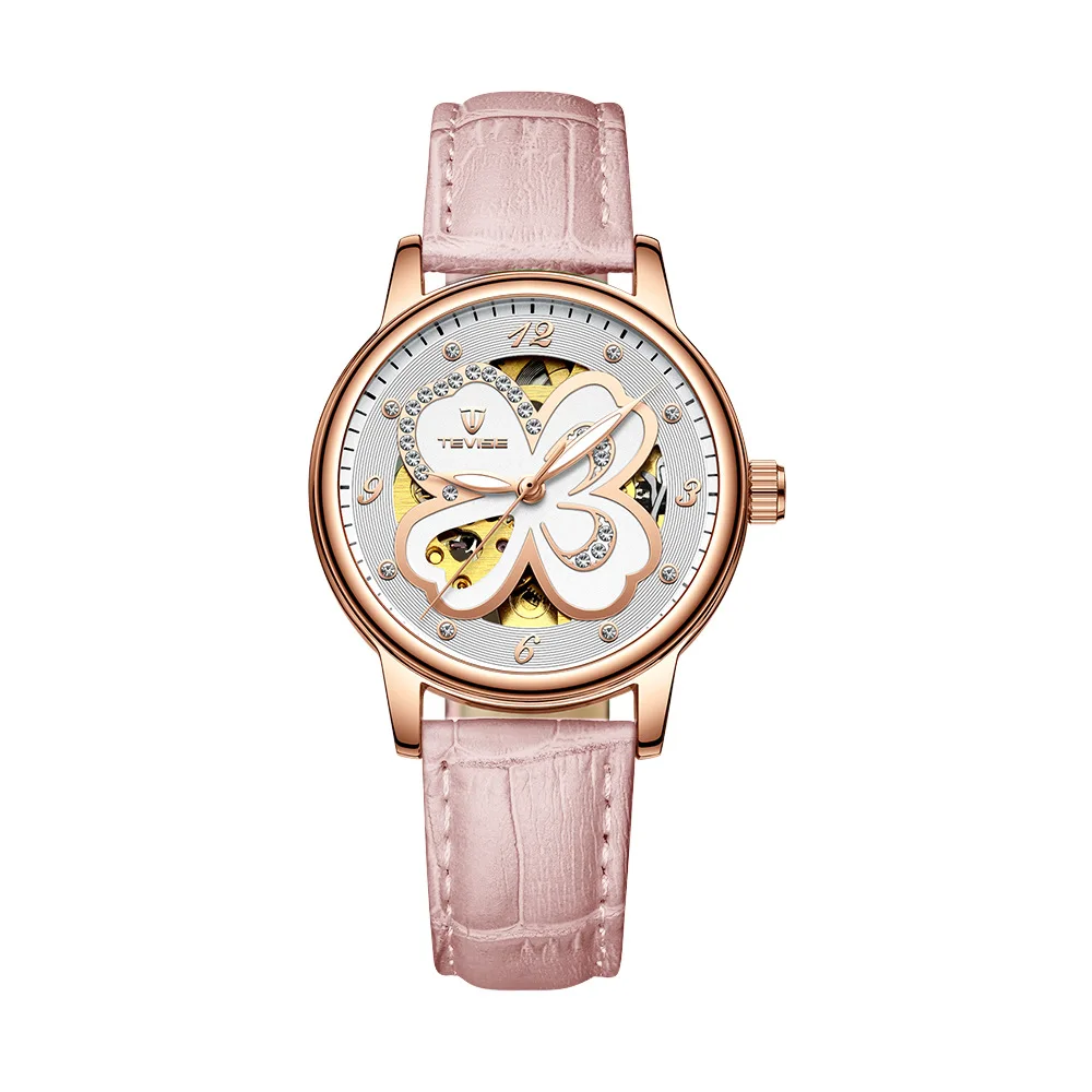 T835B pink Полые цветок для женщин Автоматический Скелет механические часы розовое золото женские наручные часы TEVISE reloj mujer relogio femenino - Цвет: T835B pink