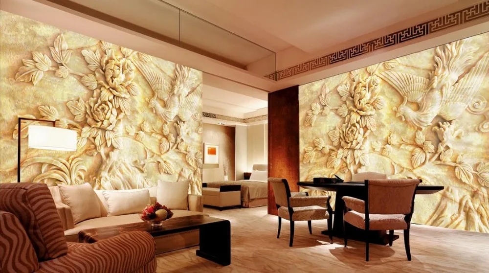 Домашний декор 3d обои на стену Нефритовая резьба мраморные рельефы пион птицы