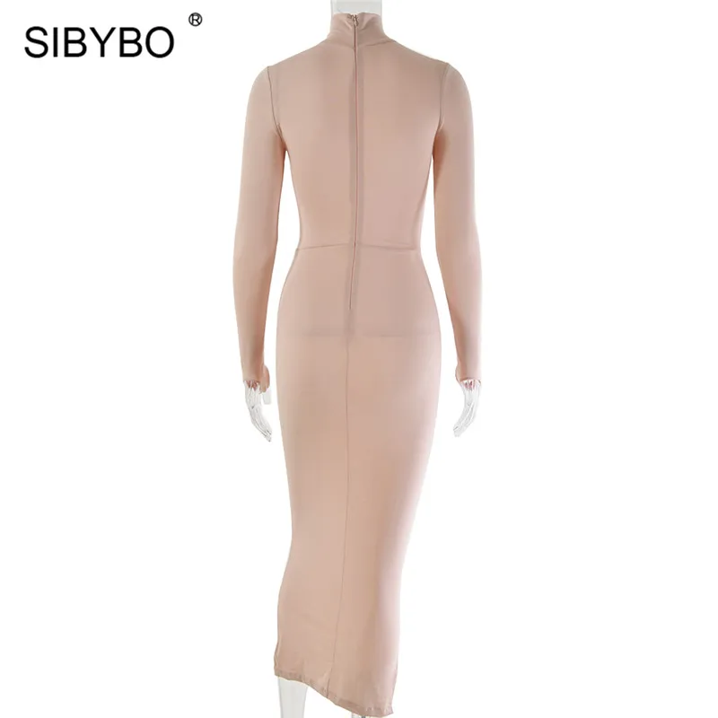 Sibybo, водолазка, хлопок, длинное платье для женщин, в стиле пэчворк, с длинным рукавом, сексуальное, облегающее платье, одноцветное, для девушек, повседневные платья