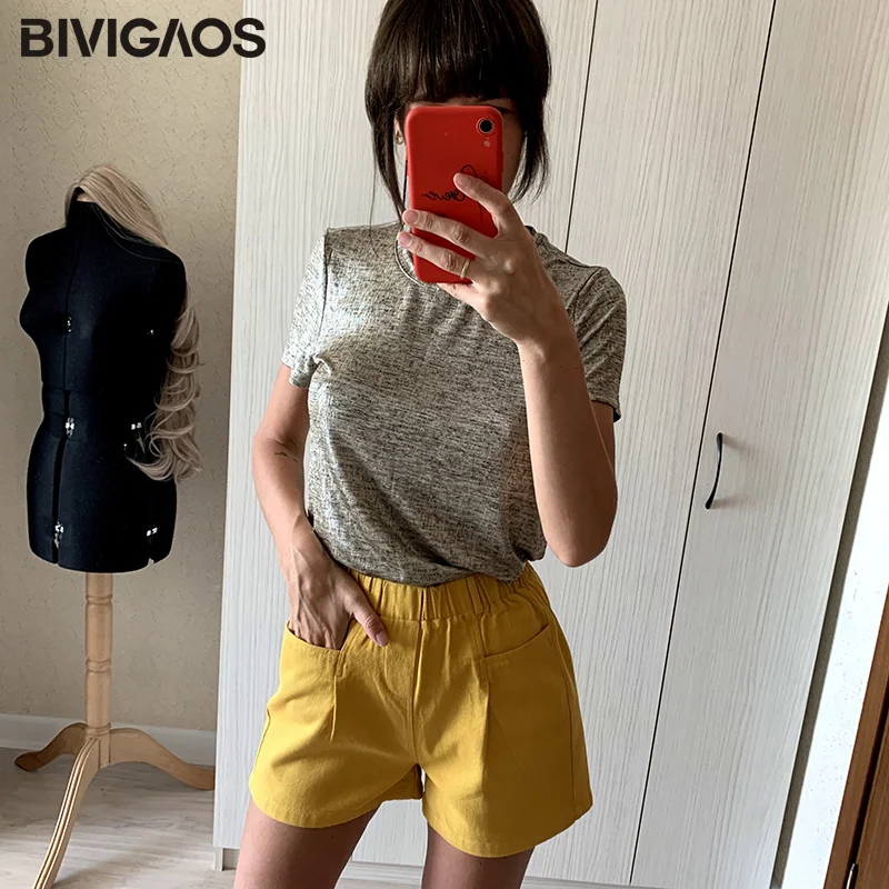 BIVIGAOS новые летние Мода и досуг женские Хлопковые Бриджи Корейская высокая Талия короткий карман эластичные Широкие Свободные повседневные шорты Hotpants