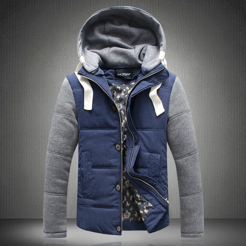 2015 New ! Autumn &amp Winter Men's Jacket England Style Slim Fit Warm Man Quilted Sleeve Coat Hooded Collar 3 colors plus 4XL 5XL |