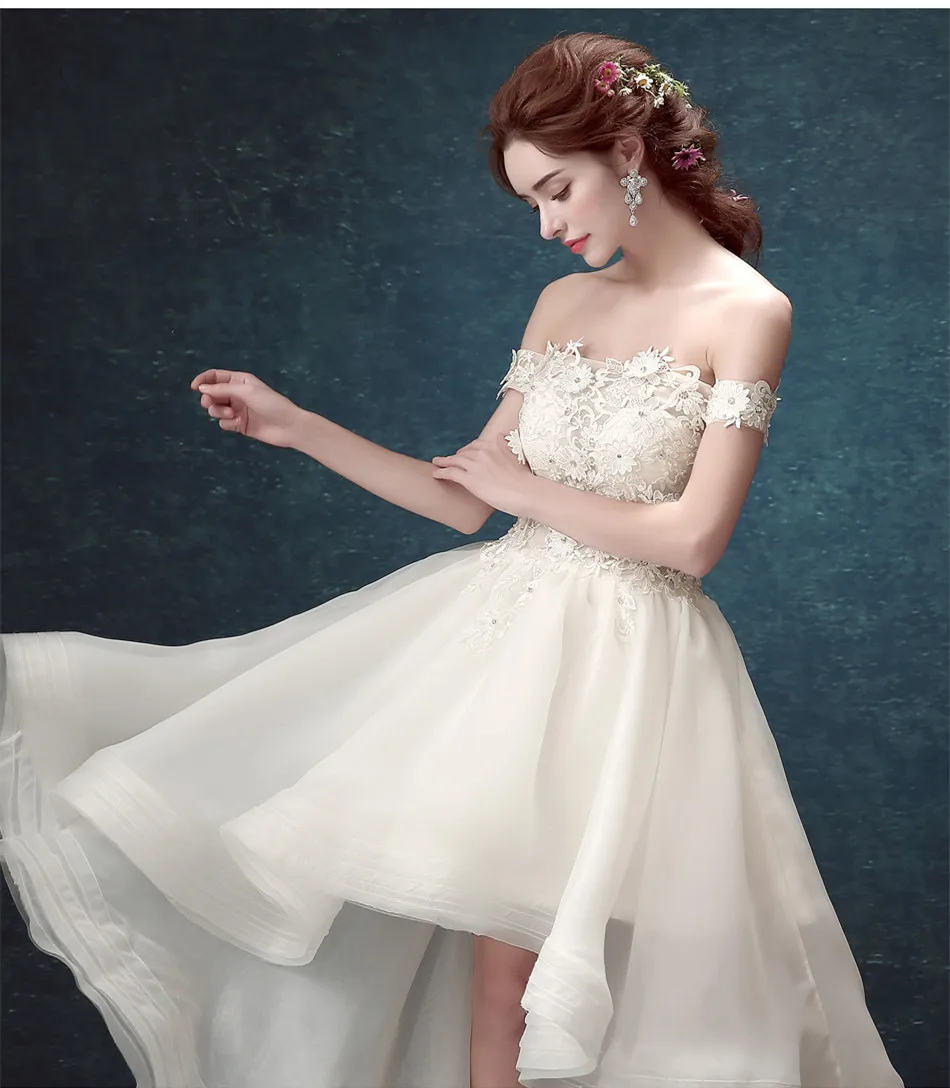 Женское свадебное платье привлекательное короткое с бисером кружевными цветами