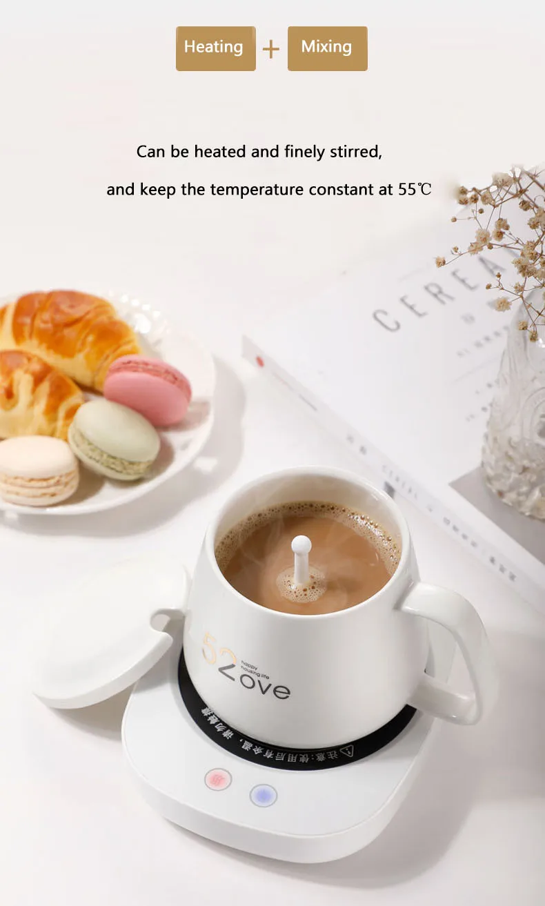 55 Celsius Thermostat Heating Cup Magnetic Stirring Cup Personal Health Cup Desktop Heated Mug Plate for Tea Coffee Milk