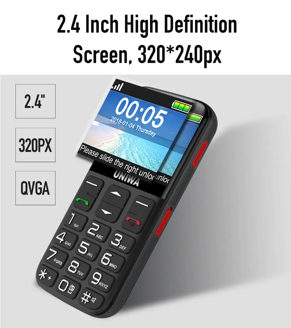 UNIWA V808G, мобильный телефон для пожилых людей, 3G, кнопка SOS, 1400 мА/ч, 2,31 дюйма, изогнутый экран, фонарик, фонарь, сотовый телефон для пожилых людей