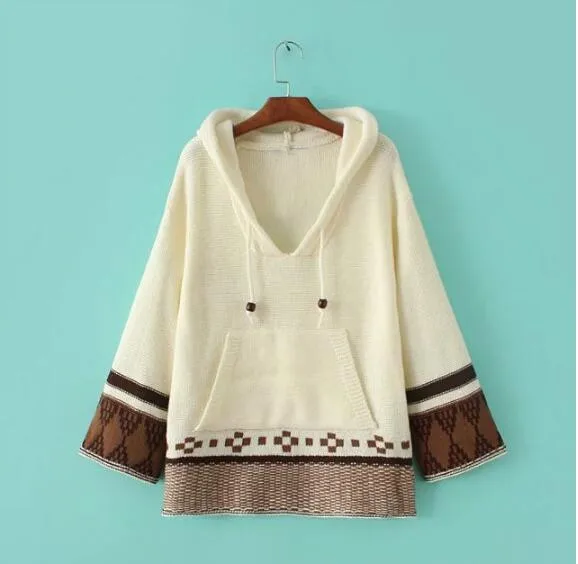 Женские свитера с капюшоном BOHO геометрическим узором длинным рукавом на осень и
