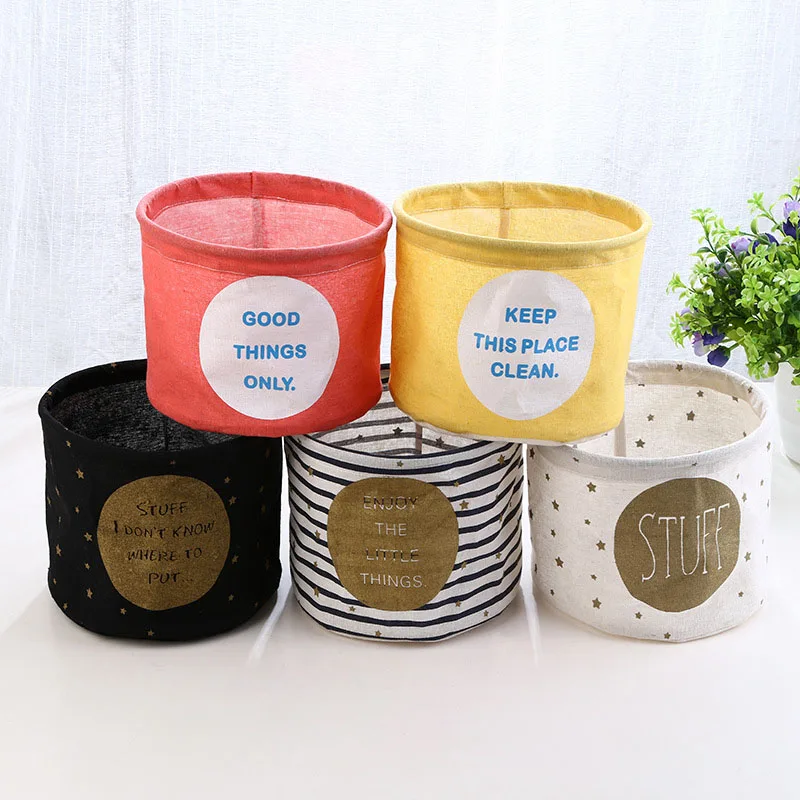 Свеженапечатанная хлопковая и льняная круглая корзина для хранения маленькая