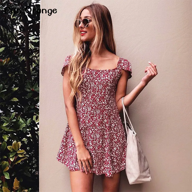 Женское короткое платье с цветочным принтом высокой талией и открытой спиной|dress