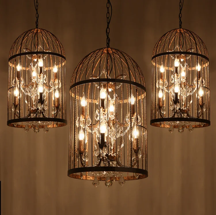 

35/45cm Nordic Birdcage Crystal Pendant Lights Iron Cage Home Decor American Vintage Industrial Lamp Retro Lamparas Colgantes
