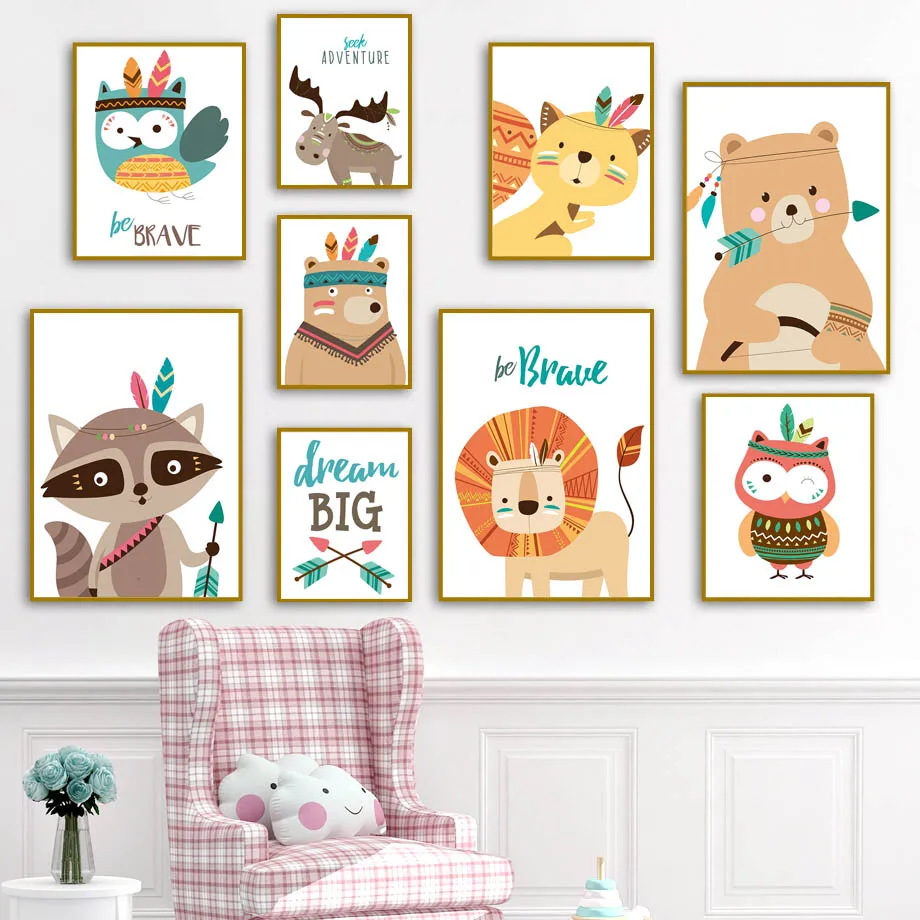 Енот лося Лев лиса кошка Большой Wall Art Холст Картина Nordic Плакаты и принты Животные