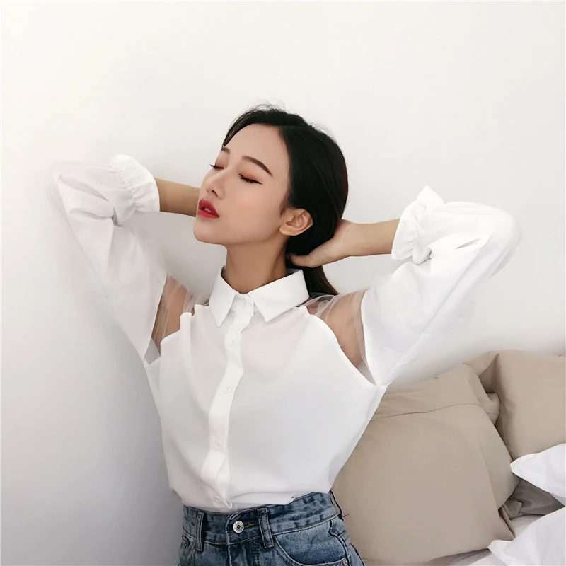 WHITNEY WANG 2019 Spring Fashion Streetwear Sexy See Through Mesh Patchwork Blouse Women blusas Shirt Tops |