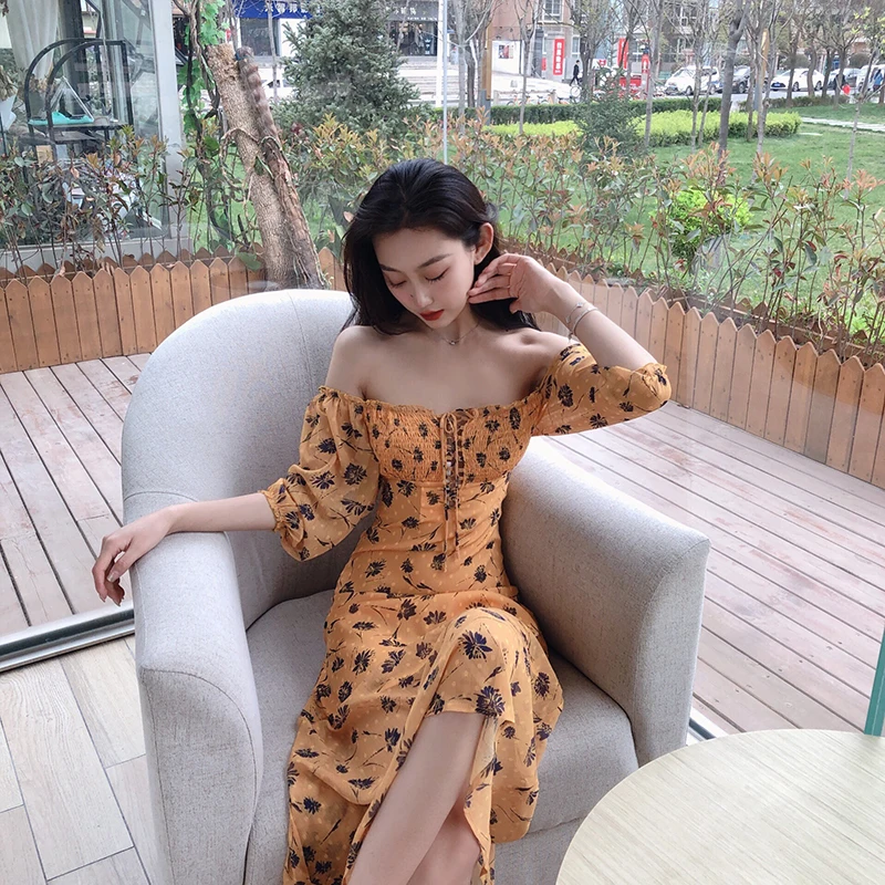 Vacation beach dress fashion brand summer new slash neck bow cross Tied belt flower print Korean style vestidos Women's Clothing | Женская