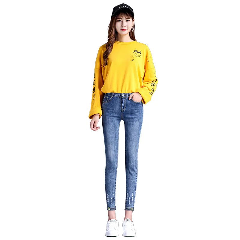 

2018 New Autumn Elastic High Waisted Skinny Stretch Wear Out Jeans Women Retro Fashion Blue Pencil Girl's Pants Plus Size