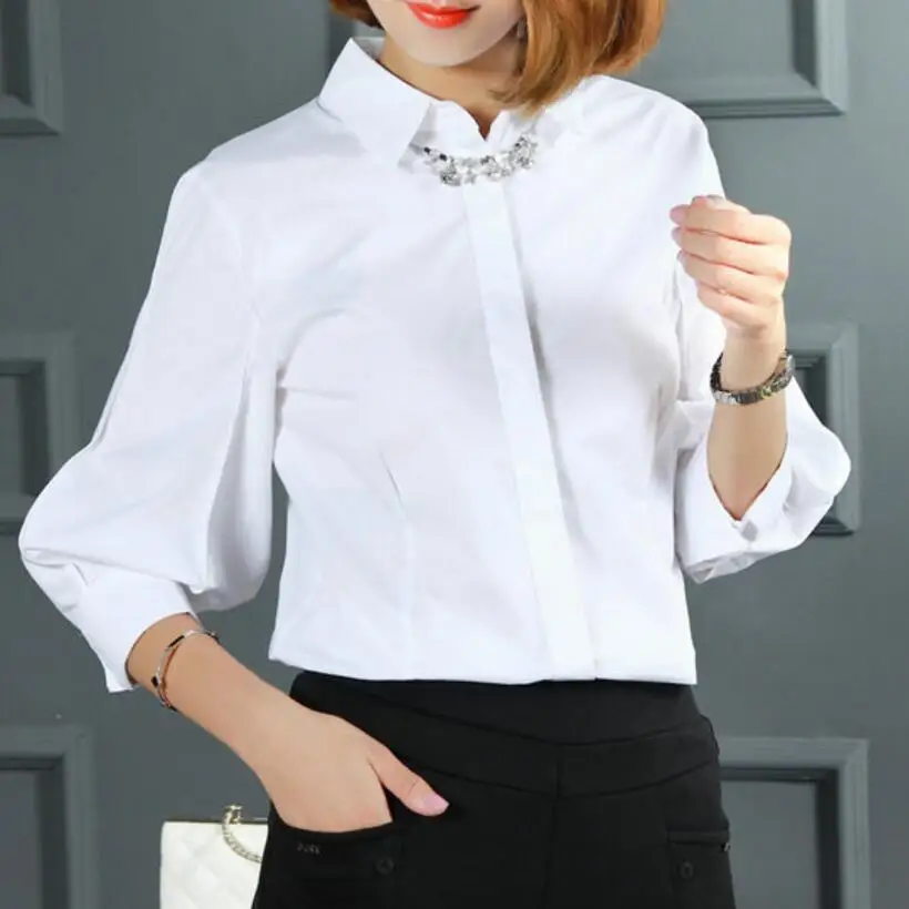 

Vintage Petal Lantern Sleeve Blouse Women New FashionThree-Quarter Sleeve Turn-Down Collar Tops Hidden Buttons White Shirts