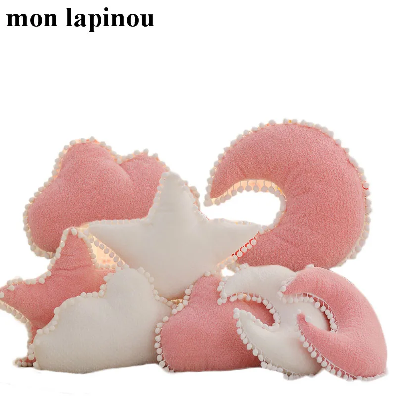 Almohada de felpa con forma de nube para niños y bebés, cojín suave con forma de estrella, rosa y blanco, decoración para el hogar