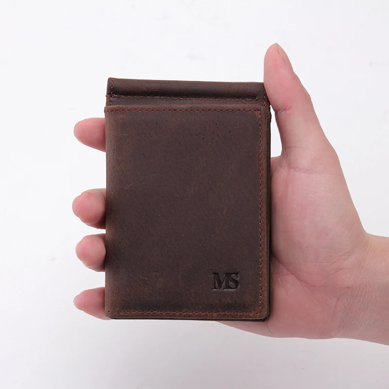 

MS Vintage Design Carzy Horse Genuine Leather Business Men Slim Bifold Wallets ID Credit Card Case Money Clip Hasp Wallet K135