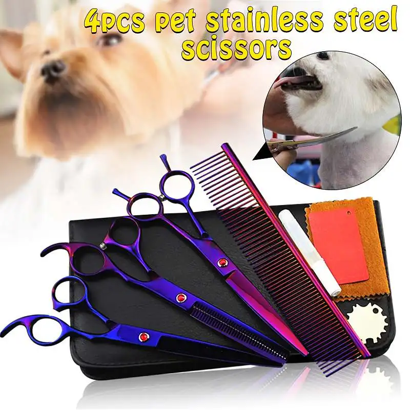 5Pcs Professional Pet Grooming Scissors 7.0" Double-Curved scissor+6.5" Thinning scissor+7.0" Straight scissor+Comb+Case