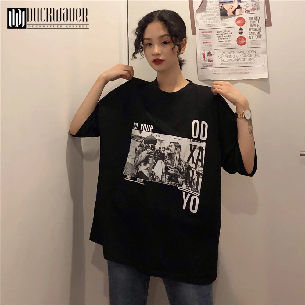 Duckwaver 2019 забавные буквы женская футболка оверсайз Футболка Летний Топ Harajuku с