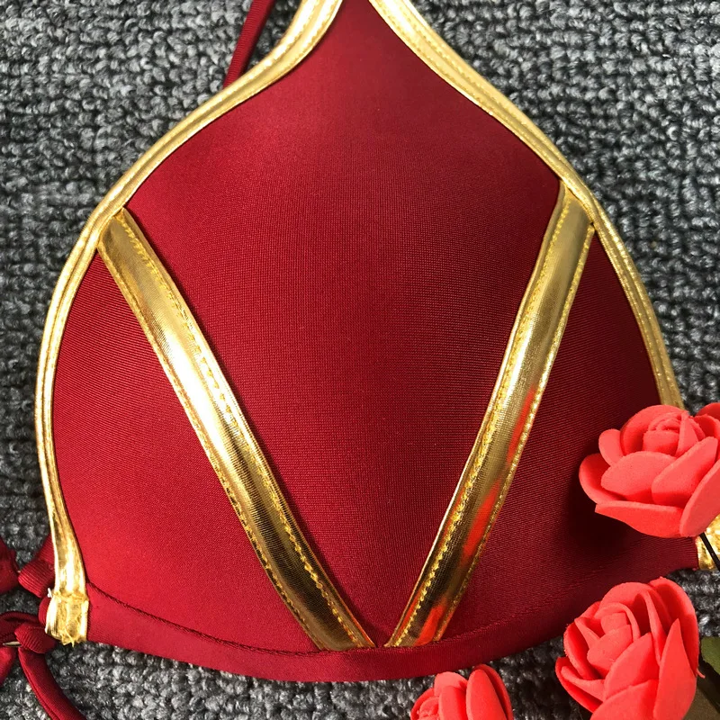 Сексуальное бикини, красный купальник, пуш-ап, женский купальник, Холтер, бикини с подкладкой, купальник, Золотое Тиснение, Бразильский бикини, набор, стринги