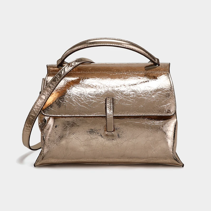 

WOONAM Women Fashion Handbag Top Hide Genuine Calf Leather Metallic Color Top Handle Trapeze Tote Bag WB1018