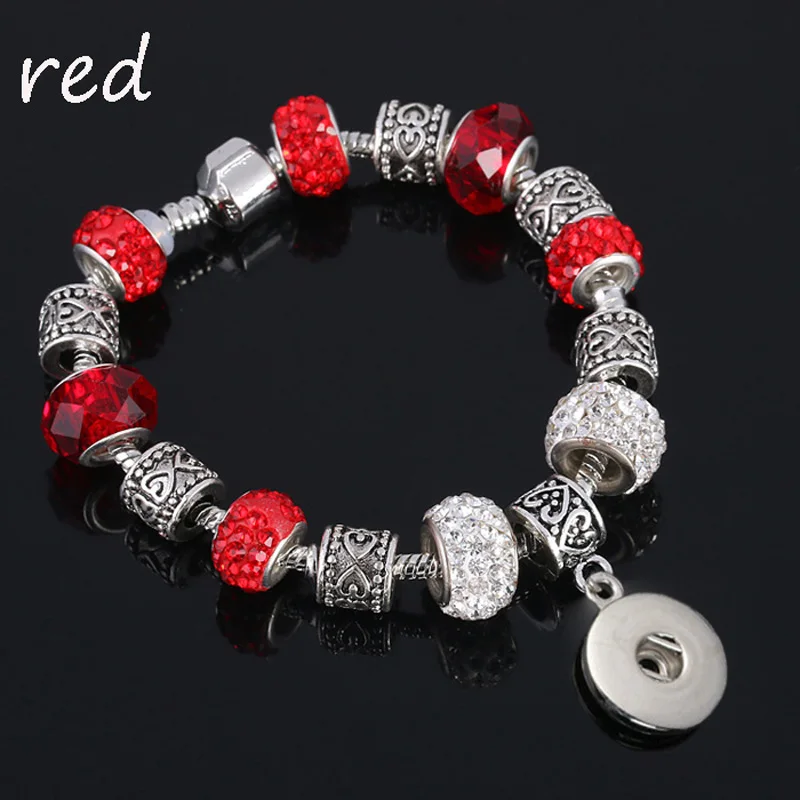 

Fashion Strand Crystal Bead Glass Link Bracelet 092 18mm Snap Button Charm Bangle Jewelry For Women Teenagers Gift 20cm