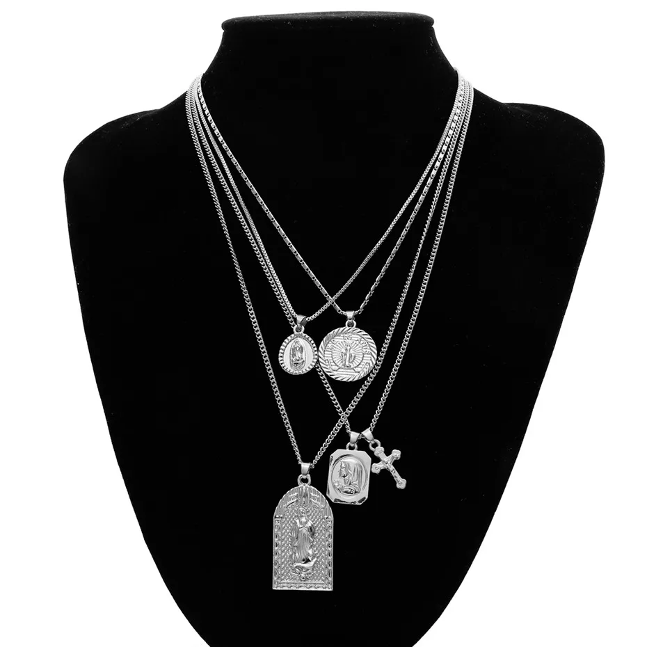 Silver Color 1 Ingemark, 4 комплекта, винтажный многослойный чокер с крестиком, колье, крупное христианское ожерелье с кулоном Девы Марии, женское ожерелье с длинной цепью - Окраска металла: Silver Color 1