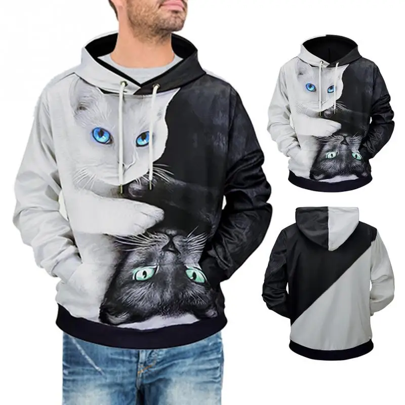 Мужчины Drawstring кошки 3D печать длинный рукав свободный пуловер худи свитер|Мужские