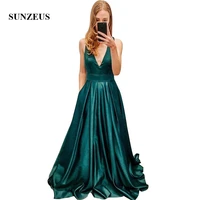 green satin prom dresses criss cross straps back with bow a line long girls party gowns v neck simple special occasion dress