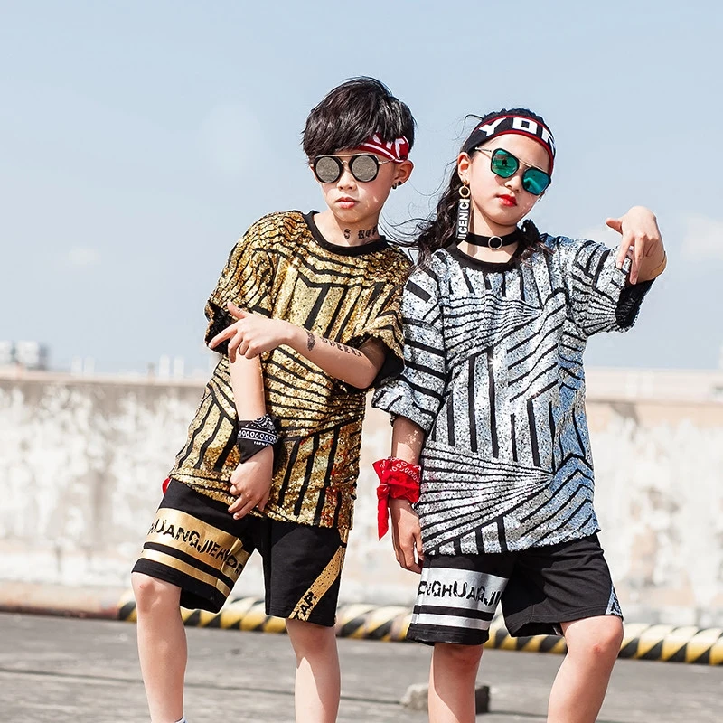 Children'S Jazz Dance Costumes Boys Girls Hip-Hop Short-Sleeved Street Set Sequins Tops Shorts Performance Clothing DL2598 |