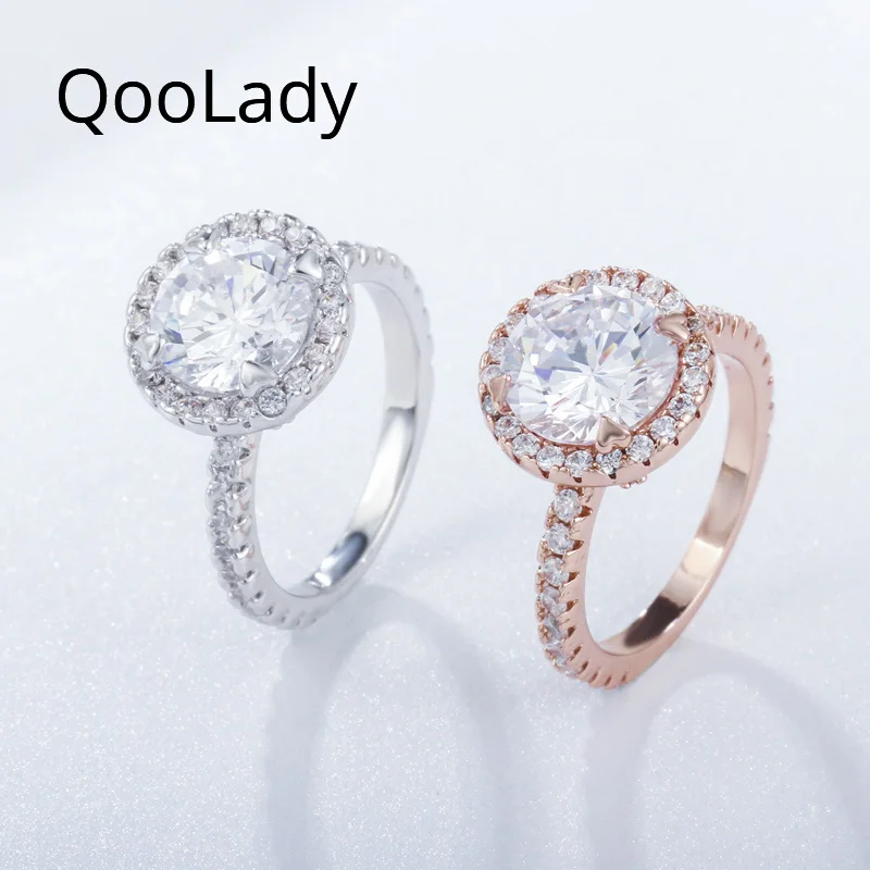 Фото QooLady Свадебный бренд Сверкающее розовое золото 2 карата круглая форма CZ камень