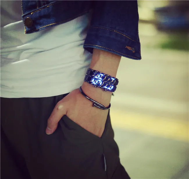 black blue 20mm Корейский стиль, мужские и женские цифровые наручные часы, Креативный светодиодный светильник, электронные мужские и женские часы, модные повседневные часы-браслет - Цвет: black blue 20mm