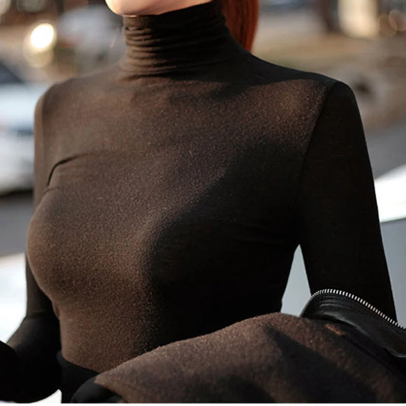 

Black Turtleneck Slim Fit T-shirt Workwear Office Ladies Plain High Neck Long Sleeve Tee Women Spring Autumn Minimalist Tee 2019