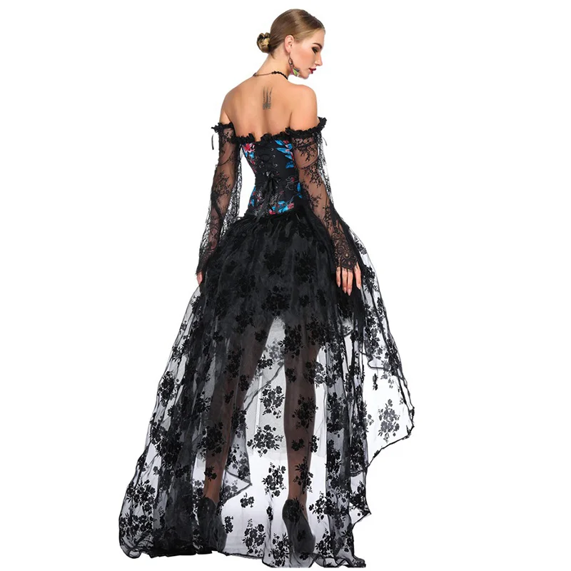 Женский корсет в стиле стимпанк черная юбка с цветочным принтом и расклешенными