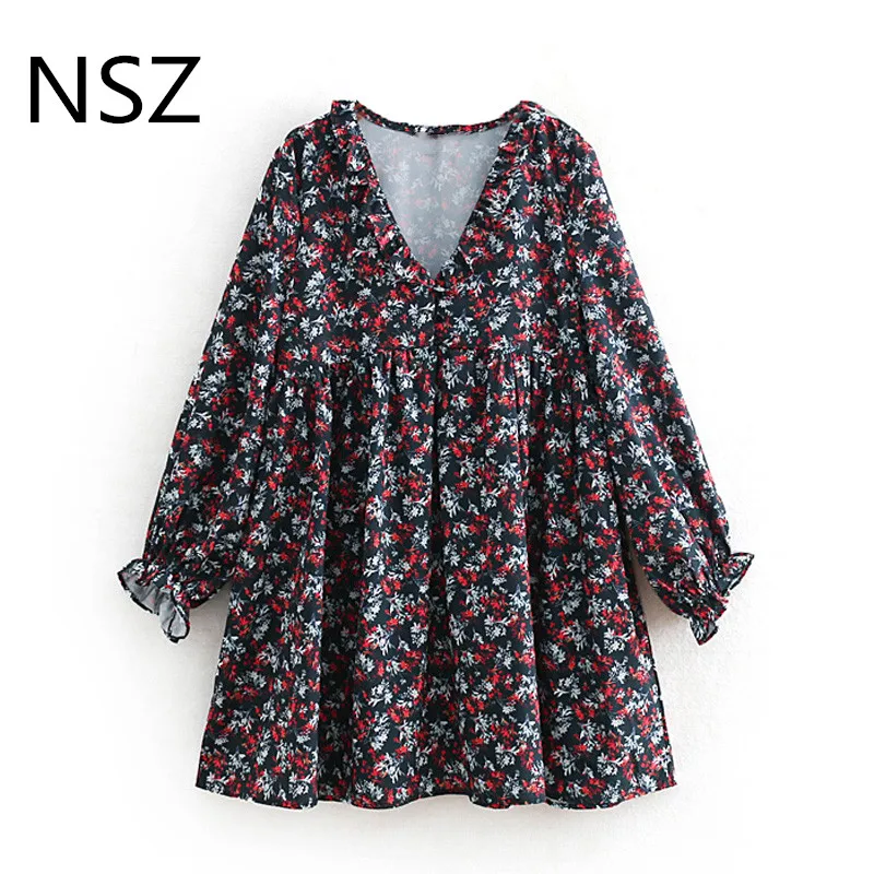 NSZ Для женщин Цветочный принт мини платье V шеи Oversize с длинным рукавом Свободные