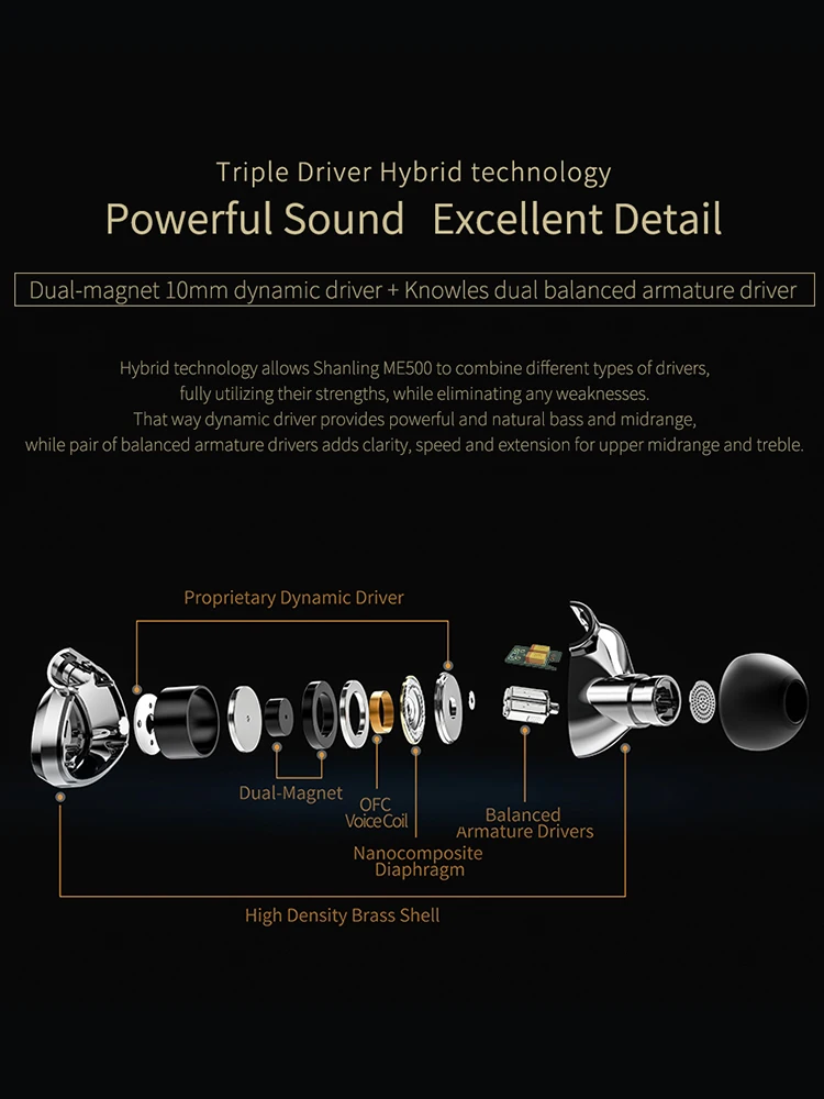 SHANLING ME500 HiFi аудио тройной Гибридный Драйвер (1DD + 2 Knowles BA) наушники IEM латунный