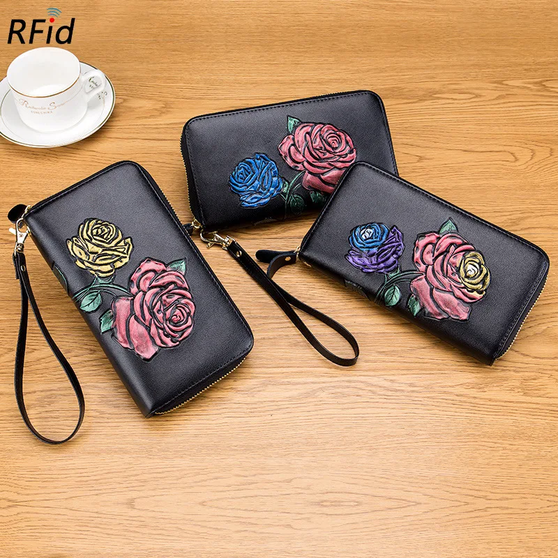 Rfid 36 слотов для карт, натуральная кожа, держатель для карт, цветок, Женский кошелек для кредитных карт, длинная молния, Женский кошелек, бизнес-держатель для карт