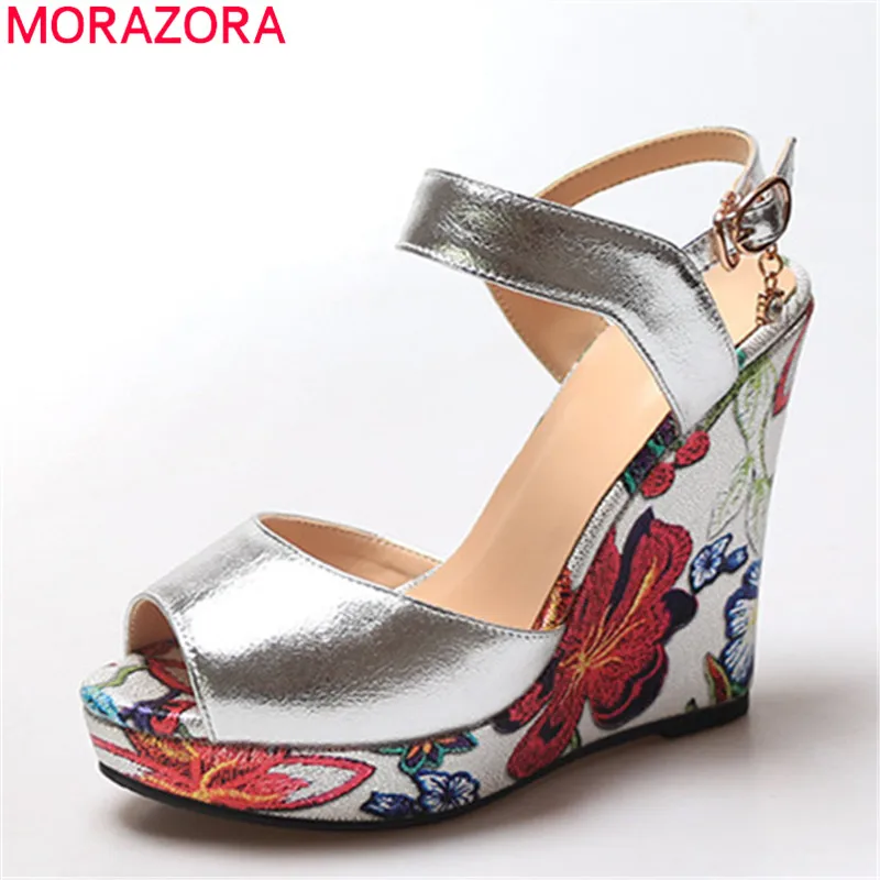 MORAZORA/2019 г. Новое поступление женские босоножки модная обувь на танкетке с принтом