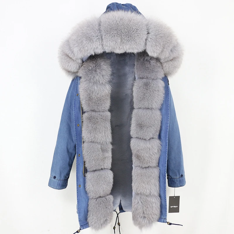 denim grey OFTBUY длинная парка, пальто с натуральным мехом, зимняя куртка для женщин, Воротник из натурального Лисьего меха, Толстая теплая брендовая Роскошная Съемная уличная одежда - Цвет: denim grey