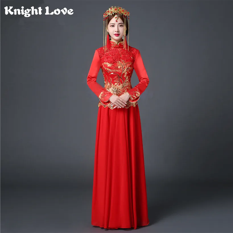 Китайское свадебное платье красное Ципао кружевное Cheongsam цветок невесты с