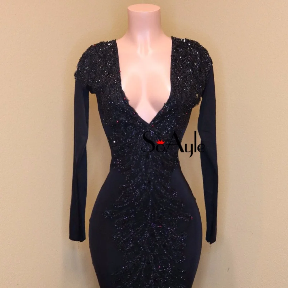 SoAyle Deep V-Neck Mermaid Evening Dresses Beaded Feather Center Piece Long Sleeves Prom Court train Vestidos De Festa | Свадьбы и