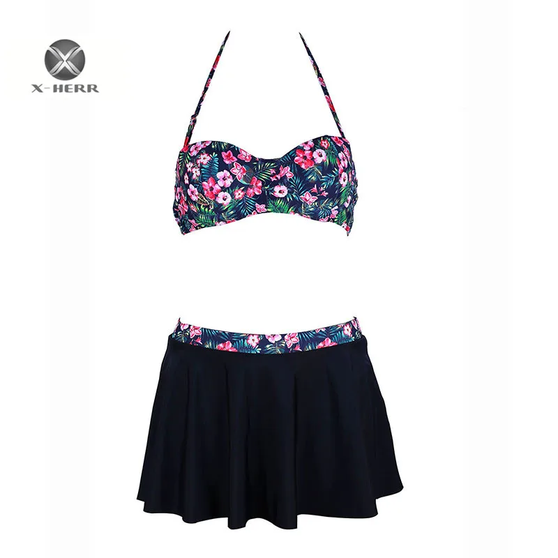 Женский купальник с микро юбкой комплект бикини цветочным принтом пляжная