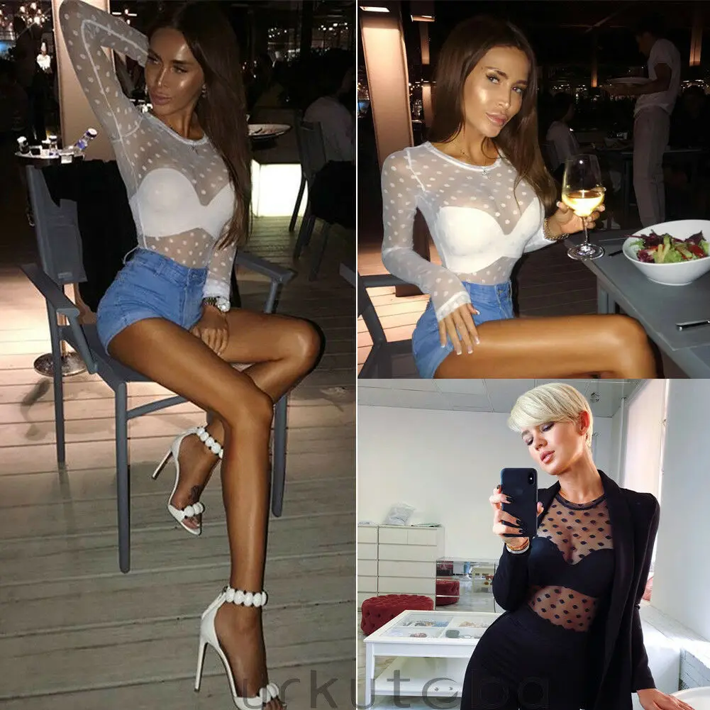 2019 Сексуальная Сетчатая футболка в горошек женские футболки с круглым вырезом и